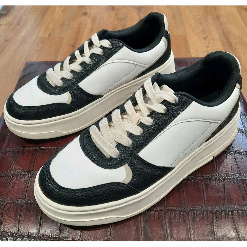 Zara Black White Ecru Retro Platform Trainers Sneakers Leather Lace-Up Size 8.5